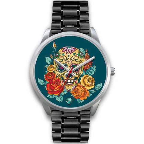 Image of Skull with Roses Silver Watch - doctorlukeshop