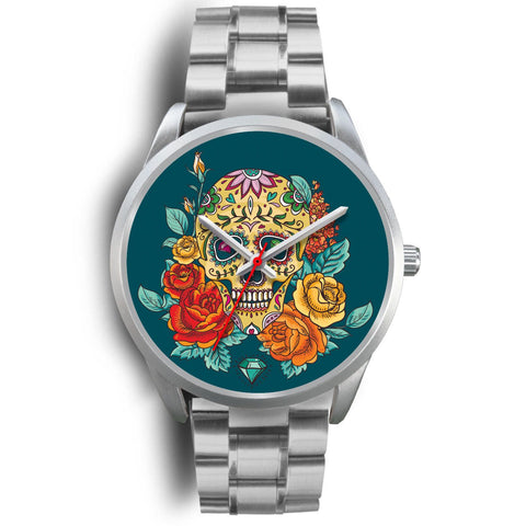 Image of Skull with Roses Silver Watch - doctorlukeshop