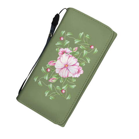 Image of Pink Flowers Dark Green Long Wallet - doctorlukeshop